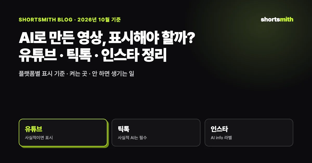 AI 영상 표시 규정 총정리 — 유튜브 · 틱톡 · 인스타그램 (2026년 10월 기준)