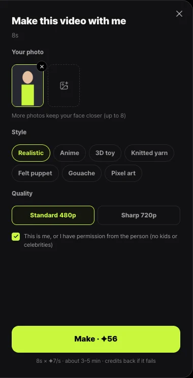 Right side of the Shortsmith Viral motion make sheet — your photo, style, quality, and a box confirming the photo is you or you have permission (no kids or celebrities), above the Make button