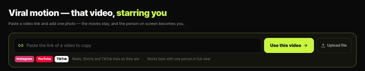 Shortsmith Viral motion home — the paste-a-link box with Instagram, YouTube and TikTok marks and an Upload file button