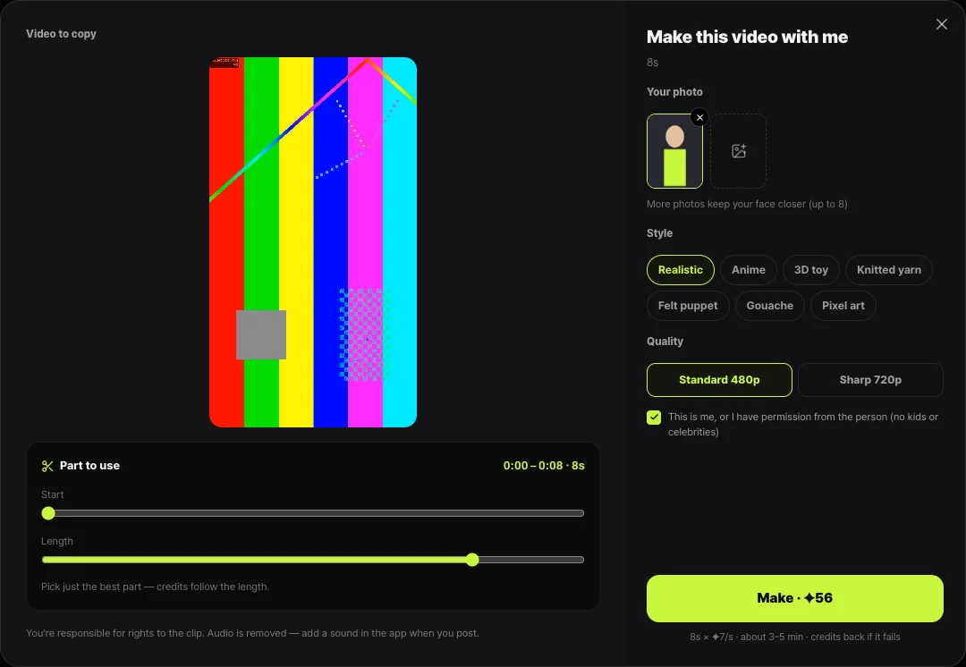 Shortsmith Viral motion make sheet — part-to-use sliders, your photo, seven styles, quality, the consent box and the Make button