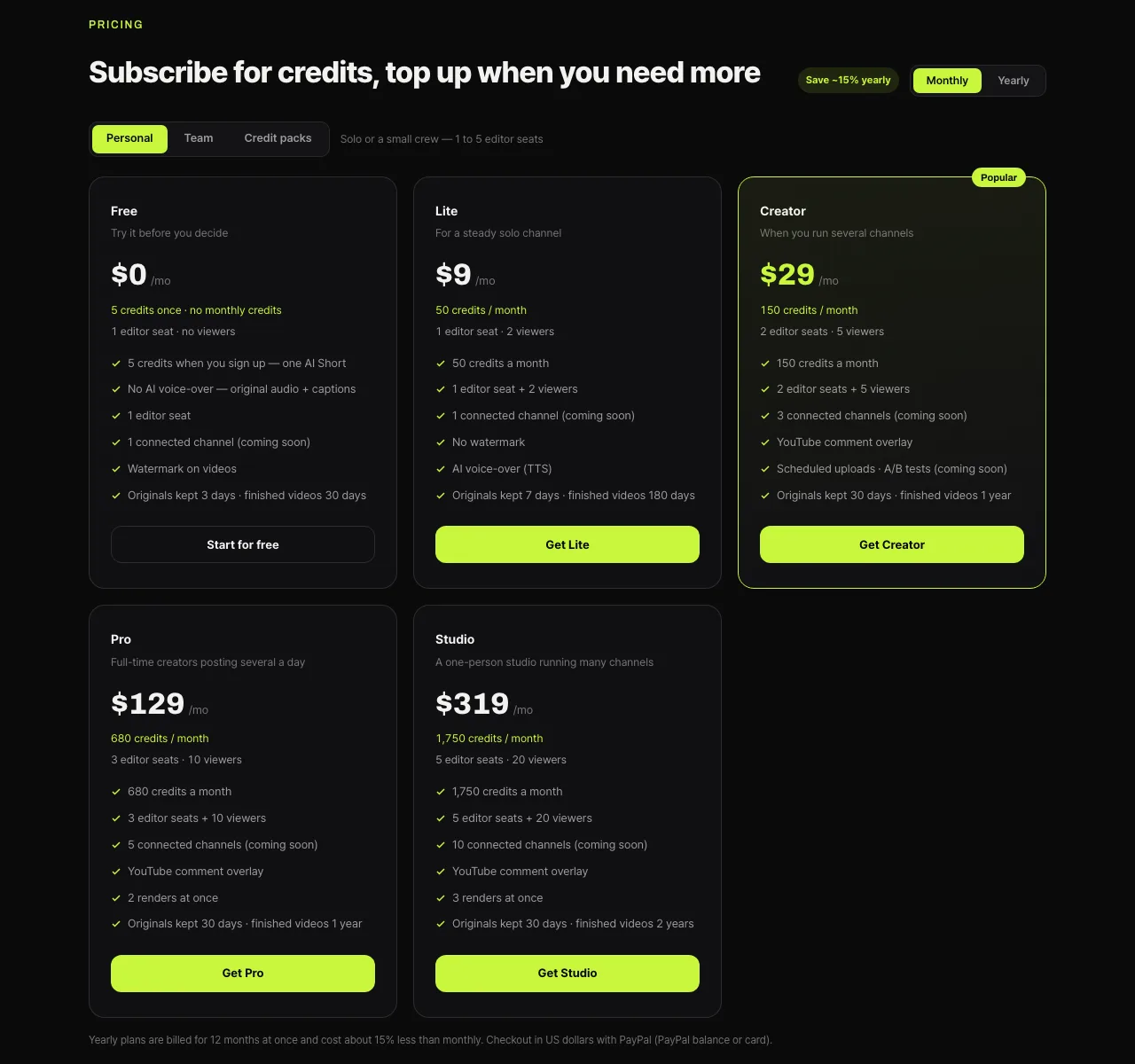 Shortsmith pricing screen — personal plans Free $0, Lite $9, Creator $29, Pro $129 and Studio $319 per month with monthly credits