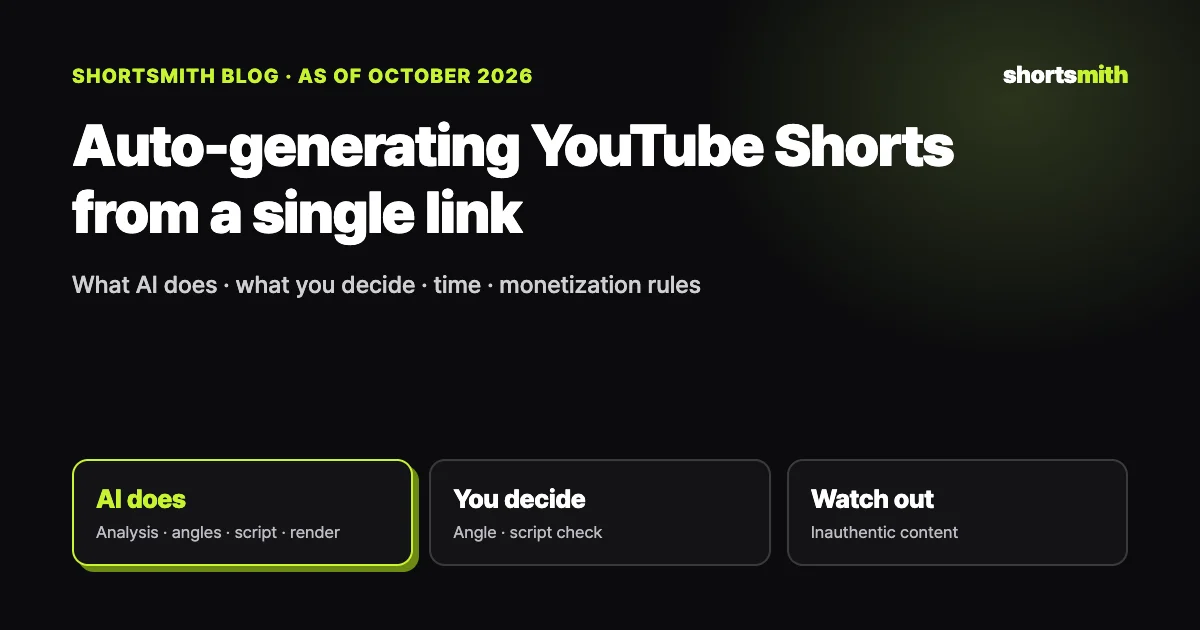 Auto-generating YouTube Shorts: what to hand to AI and what to decide yourself (October 2026)