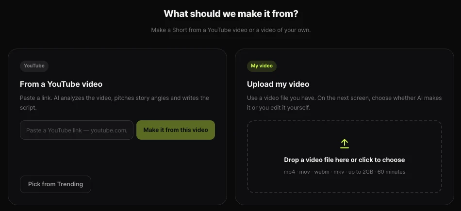 Shortsmith Create page — From a YouTube video (paste a link, Make it from this video, Pick from Trending) and Upload my video (drop a file; mp4, mov, webm, mkv, up to 2GB and 60 minutes)