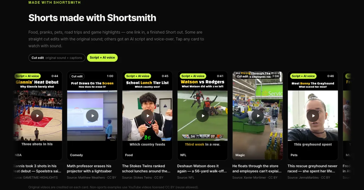 Example cards on the Shortsmith home page, each crediting "Source: channel name · CC BY", with a note that sources are credited on each card