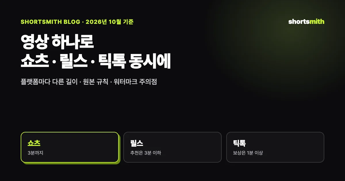 영상 하나로 유튜브 쇼츠 · 인스타 릴스 · 틱톡에 같이 올리는 법 (2026년 10월 기준)