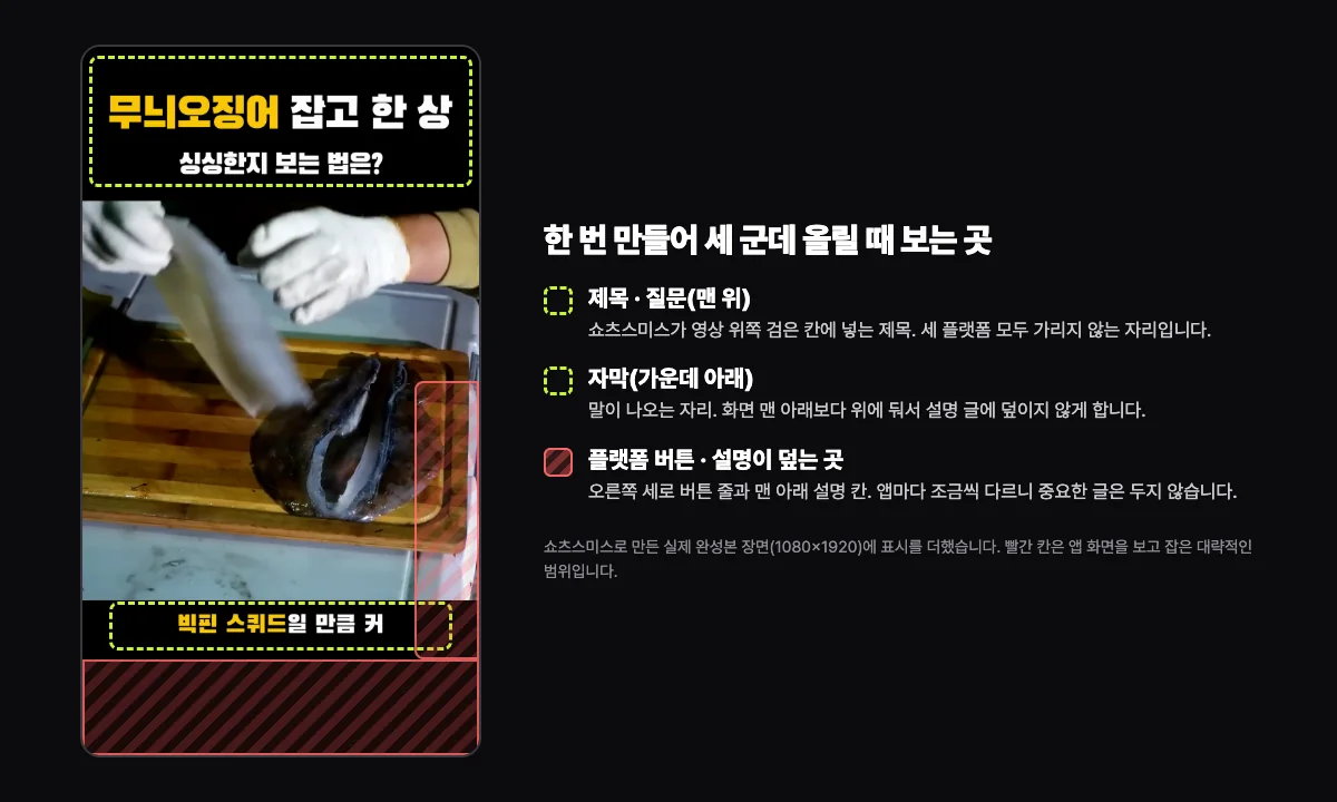 쇼츠스미스 완성본 장면 위에 제목 칸 · 자막 칸(초록 점선)과 앱 버튼 · 설명이 덮는 곳(빨간 빗금)을 표시한 그림
