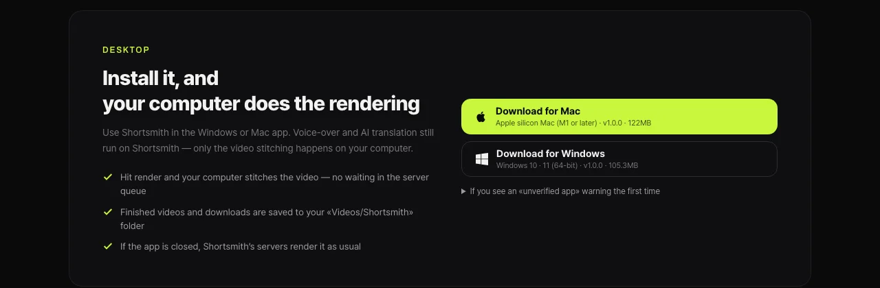 Shortsmith home page desktop section — “Install it, and your computer does the rendering,” with Download for Mac (Apple silicon) and Download for Windows (Windows 10 · 11, 64-bit) buttons