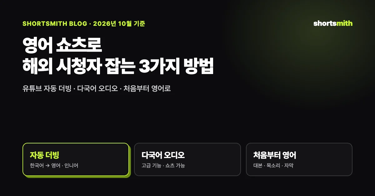 한국어 쇼츠를 해외로 — 자동 더빙 · 다국어 오디오 · 처음부터 영어로 만들기 (2026년 10월)