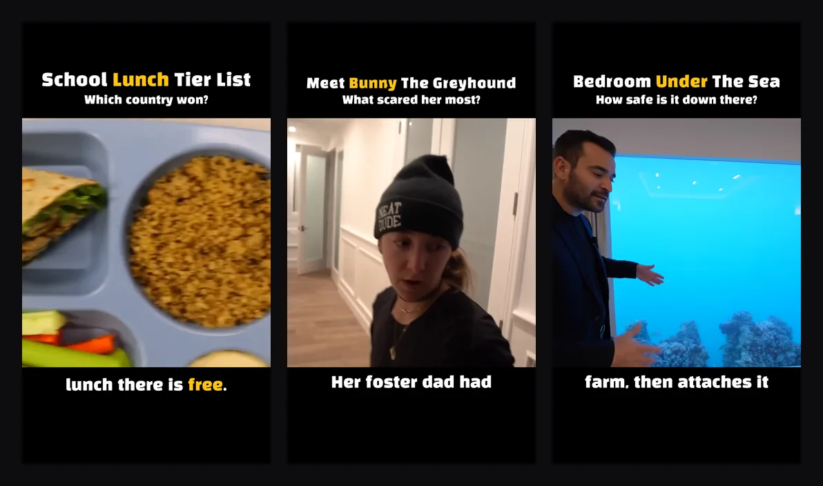 Frames from three Shortsmith videos made with a script and AI narration: a school lunch tier list, a greyhound story and a floating villa, with question-style titles at the top and captions below