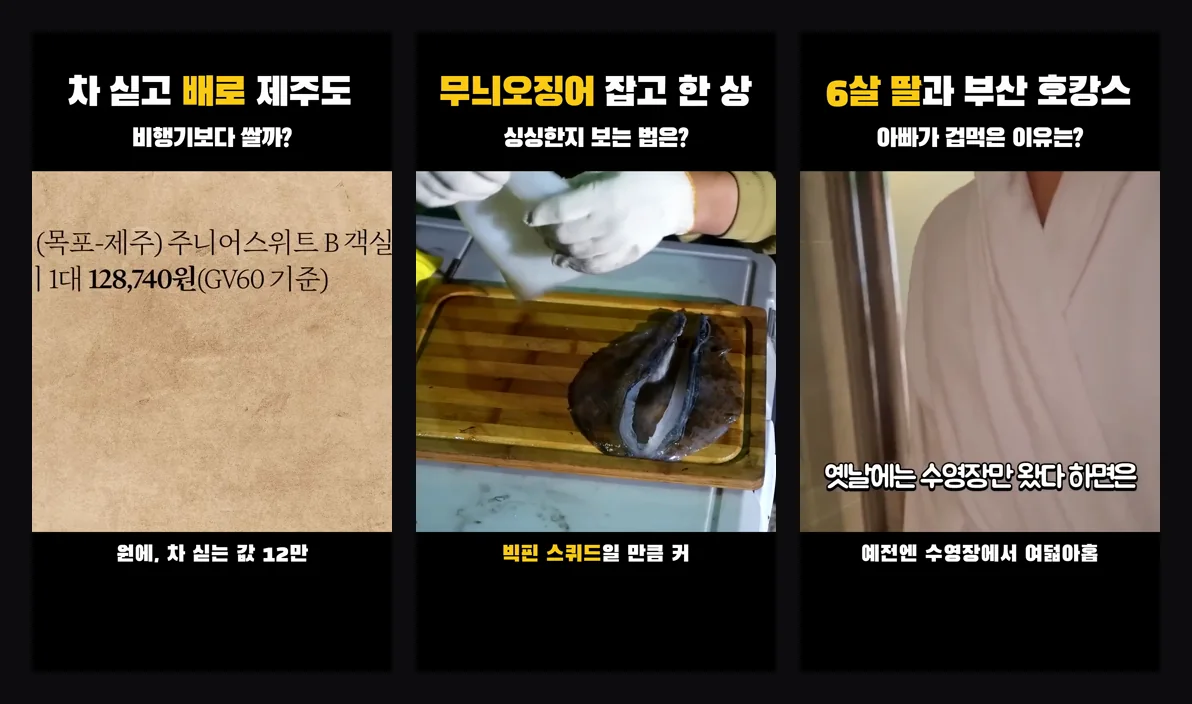 쇼츠스미스 대본 + AI 내레이션 완성본 세 편의 장면 — 배로 제주도 · 무늬오징어 · 부산 호캉스, 위쪽 질문형 제목과 아래 자막