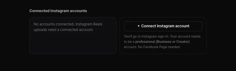 Shortsmith Upload & schedule Connected Instagram accounts box — No accounts connected, Connect Instagram account button, note that the account needs to be professional (Business or Creator) and no Facebook Page is needed