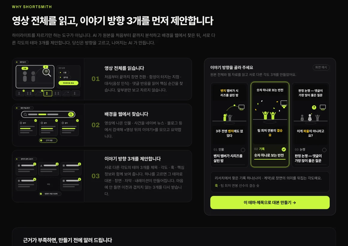 쇼츠스미스 «영상 전체를 읽고, 이야기 방향 3개를 먼저 제안합니다» — 영상 전체를 읽고 배경을 웹에서 찾아 인물 · 기록 · 논쟁 세 가지 이야기 방향 카드를 보여 주는 화면