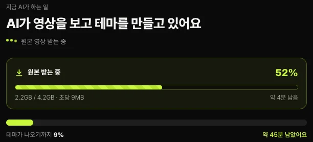 쇼츠스미스 진행 화면 — AI가 영상을 보고 테마를 만들고 있어요, 원본 받는 중 52%, 2.2GB / 4.2GB · 초당 9MB, 약 4분 남음, 테마가 나오기까지 9%, 약 45분 남았어요