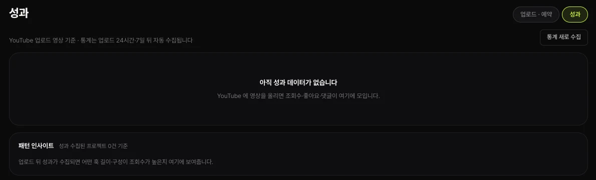 쇼츠스미스 성과 화면 — YouTube 업로드 영상 기준 · 통계는 업로드 24시간 · 7일 뒤 자동 수집, 통계 새로 수집 버튼, 아직 성과 데이터가 없습니다, 패턴 인사이트(어떤 훅 길이 · 구성이 조회수가 높은지)