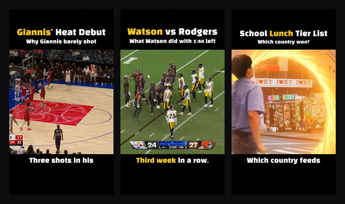 First frames of three finished Shortsmith videos with question-style titles at the top over moving source footage