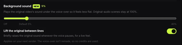 Shortsmith Background sound setting — plays the original video’s sound under the voice-over, original-audio scenes stay at 100%, slider from Off through Default 5% to 40%, Lift the original between lines turned on