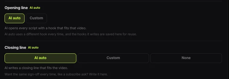 Shortsmith Opening line and Closing line options — Opening line AI auto or Custom; Closing line AI auto, Custom or None