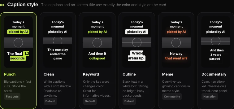 Shortsmith caption style templates — Punch (fast cuts), Clean, Keyword, Outline, Meme (community) and Documentary (narration) cards with descriptions
