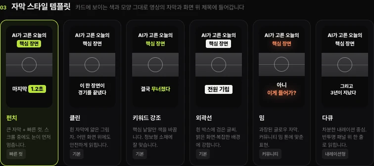쇼츠스미스 자막 스타일 템플릿 6가지 — 펀치(빠른 컷), 클린, 키워드 강조, 외곽선, 밈(커뮤니티), 다큐(내레이션형) 카드와 설명
