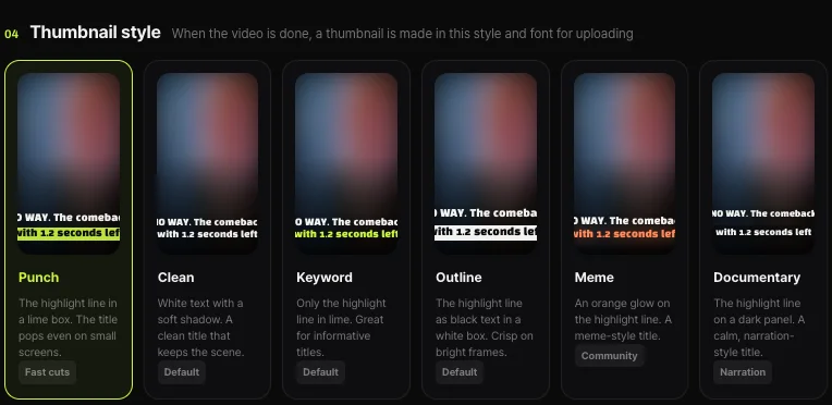 Shortsmith thumbnail styles — Punch, Clean, Keyword, Outline, Meme and Documentary cards with descriptions; source footage blurred