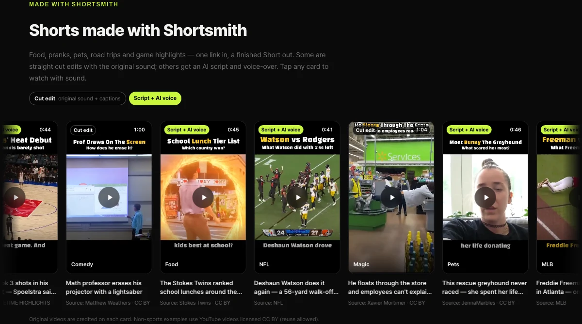 Shortsmith home “Shorts made with Shortsmith” — a row of vertical finished Shorts labeled cut edit or script + AI voice