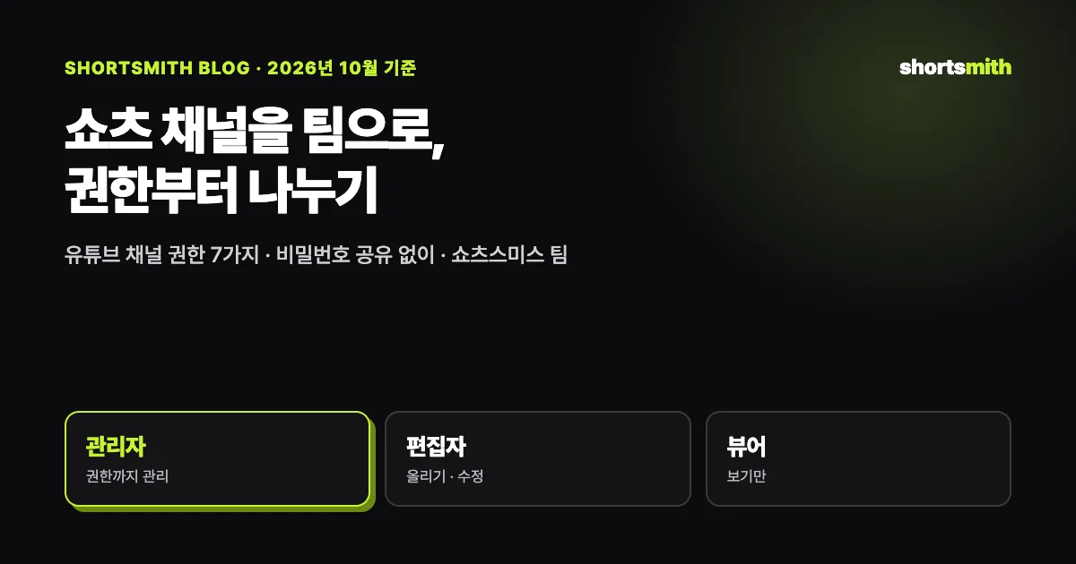 쇼츠 채널을 팀으로 운영할 때 — 유튜브 채널 권한과 쇼츠스미스 팀 (2026년 10월)