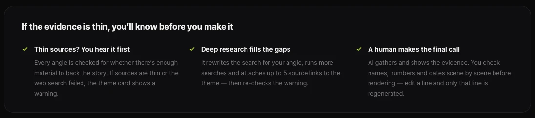 Shortsmith home section “If the evidence is thin, you’ll know before you make it” — thin sources flagged first, deep research fills the gaps, a human makes the final call