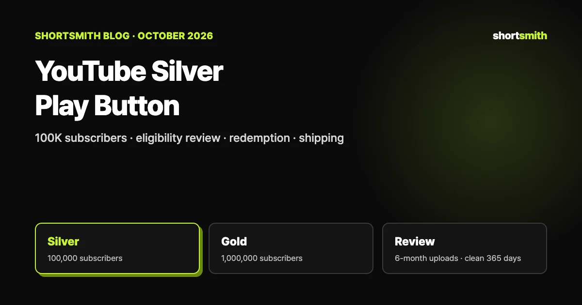 How to get the YouTube Silver Play Button (Creator Awards) — why 100K subscribers isn’t always enough, and how redemption and shipping work (October 2026)