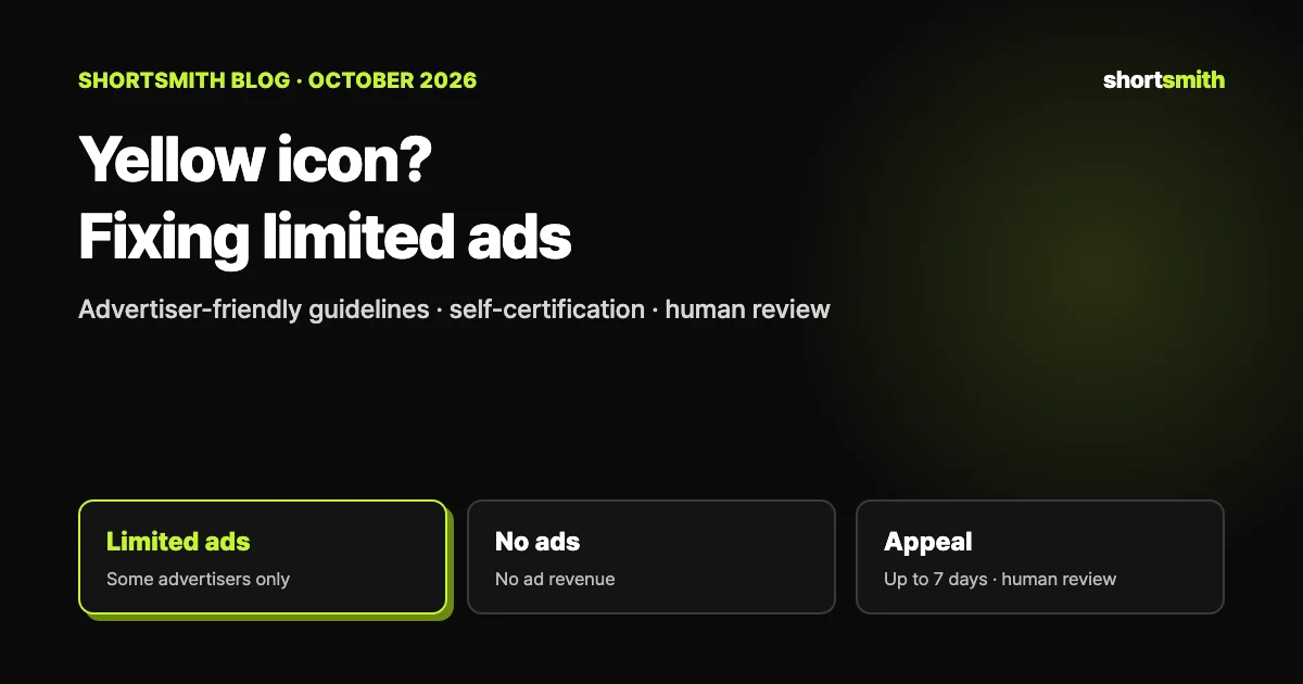 Why the yellow dollar icon shows up on YouTube and how to clear it: “Limited ad earnings” and “No ad earnings” explained (October 2026)