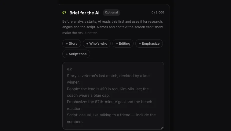 Shortsmith Brief for the AI box — Story, Who’s who, Editing, Emphasize and Script tone buttons with an example brief