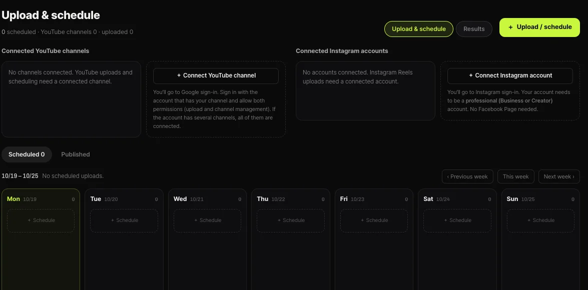Shortsmith Upload & schedule view — connected YouTube channels and Instagram accounts, Scheduled and Published tabs, and a weekly calendar from October 19 to 25 with a Schedule button for each day