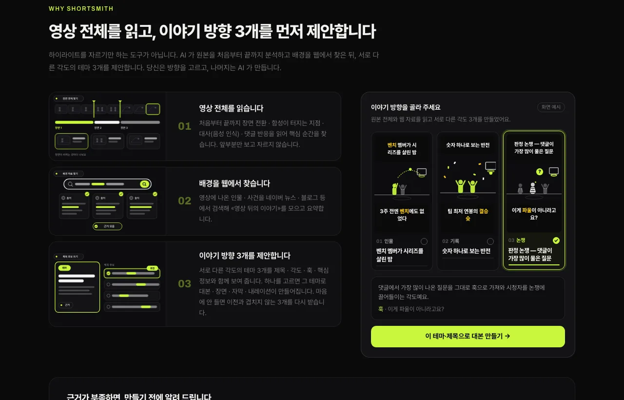쇼츠스미스 화면 — AI가 영상 전체를 읽고 이야기 방향 3개(인물 · 기록 · 논쟁)를 제안하는 «이야기 방향을 골라 주세요» 칸
