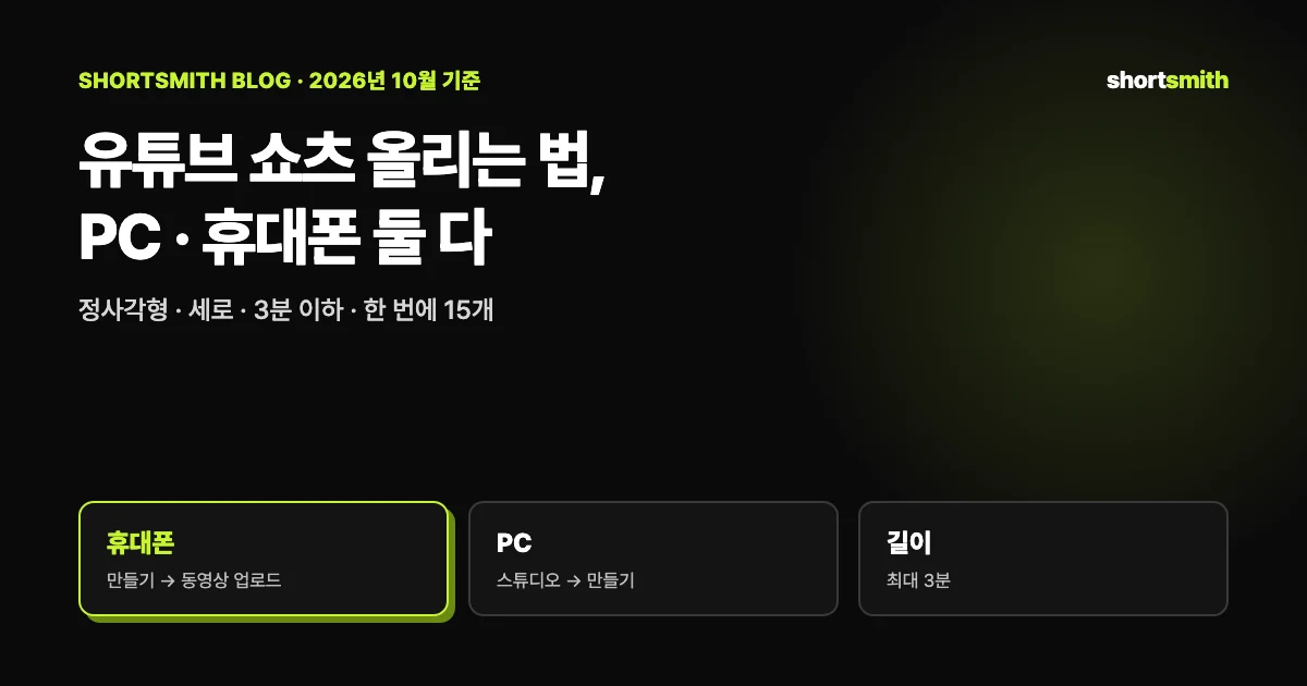 유튜브 쇼츠 올리는 법 — 휴대폰 앱 · 스튜디오 앱 · 컴퓨터 (2026년 10월)