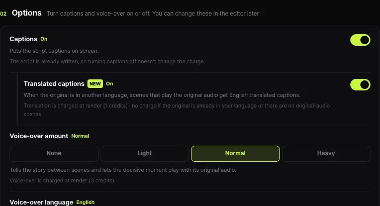Shortsmith options — Captions on, Translated captions on (English translated captions when the original is in another language), Voice-over amount None, Light, Normal or Heavy with Normal selected