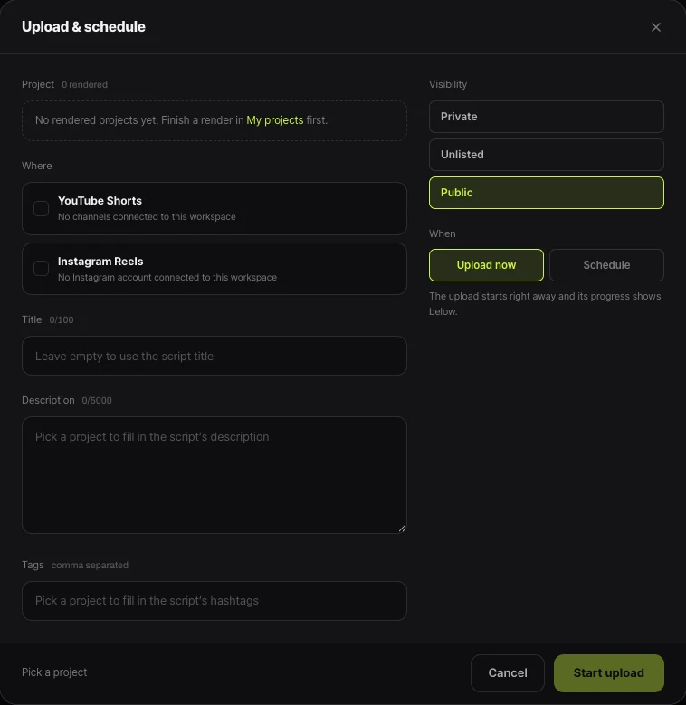 Shortsmith Upload & schedule window — Project, Where (YouTube Shorts, Instagram Reels), Title, Description and Tags, plus Visibility (Private, Unlisted, Public, with Public selected) and When (Upload now, Schedule)